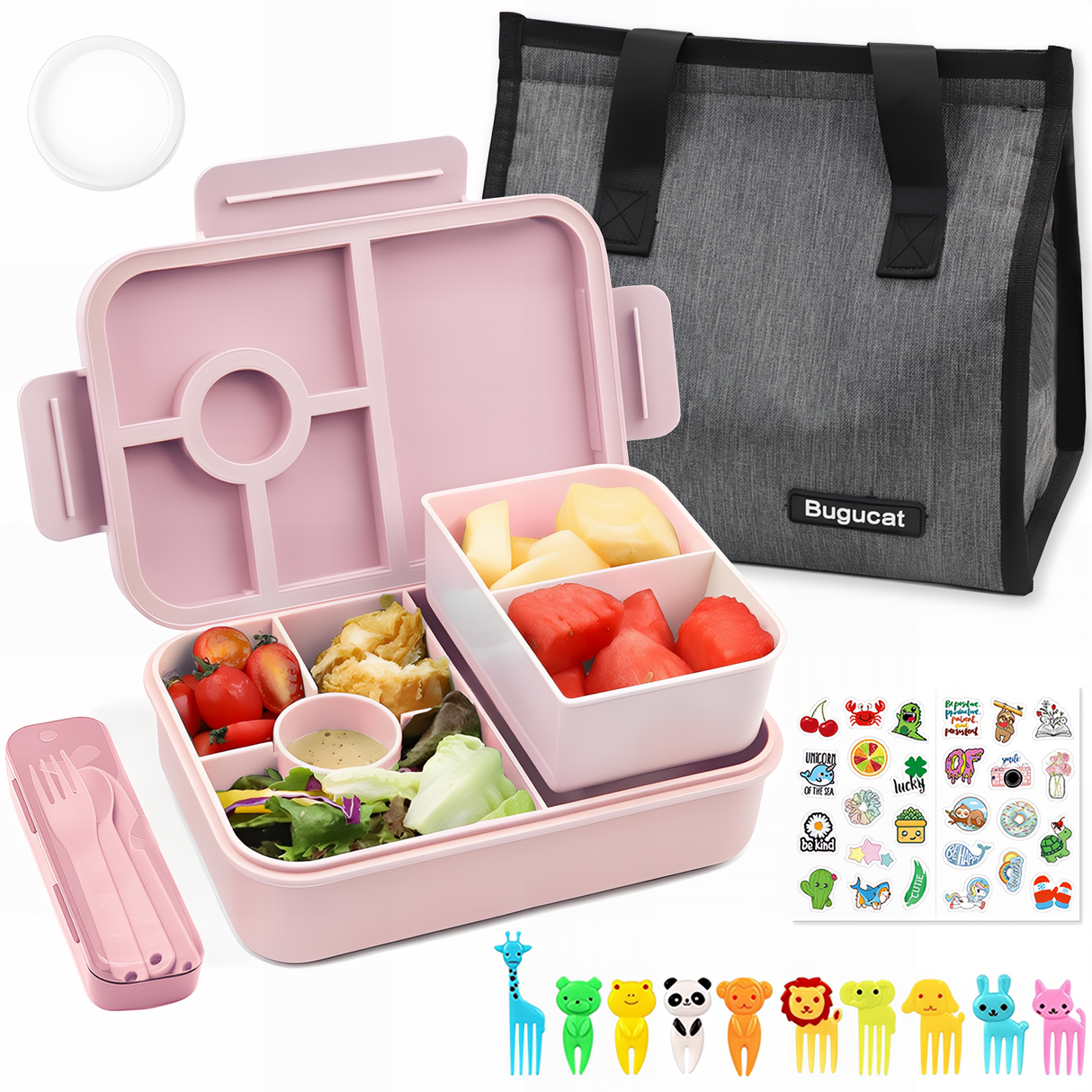 Bugucat Bento Lunch Box 1300ML with Bag - Leak-Proof with 5 Compartments,Cutlery for Kids and Adults