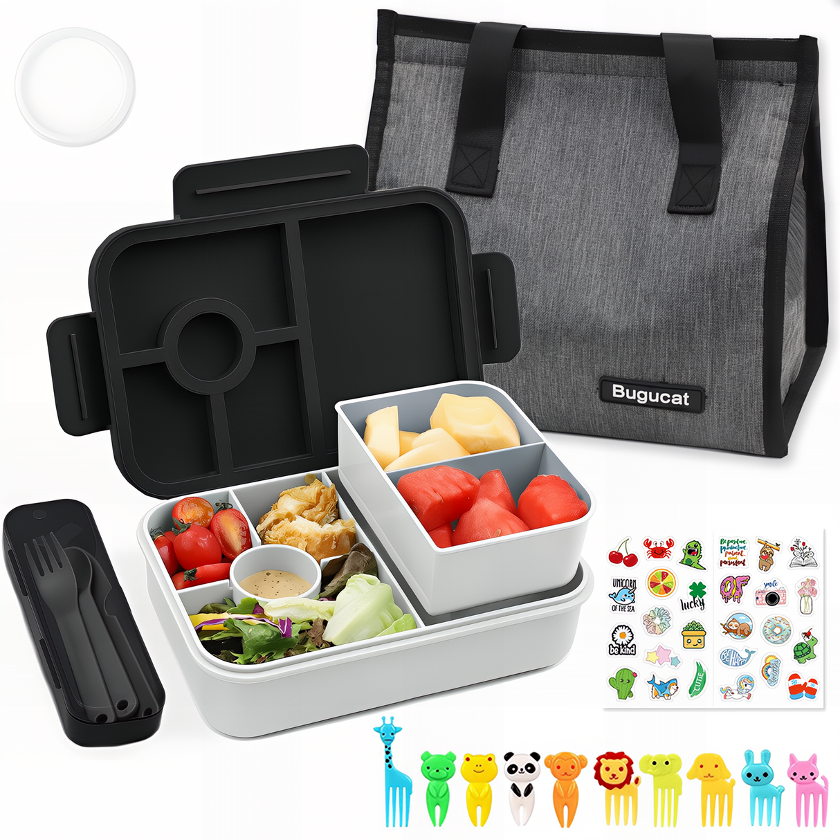 Bugucat Bento Lunch Box 1300ML with Bag - Leak-Proof with 5 Compartments,Cutlery for Kids and Adults