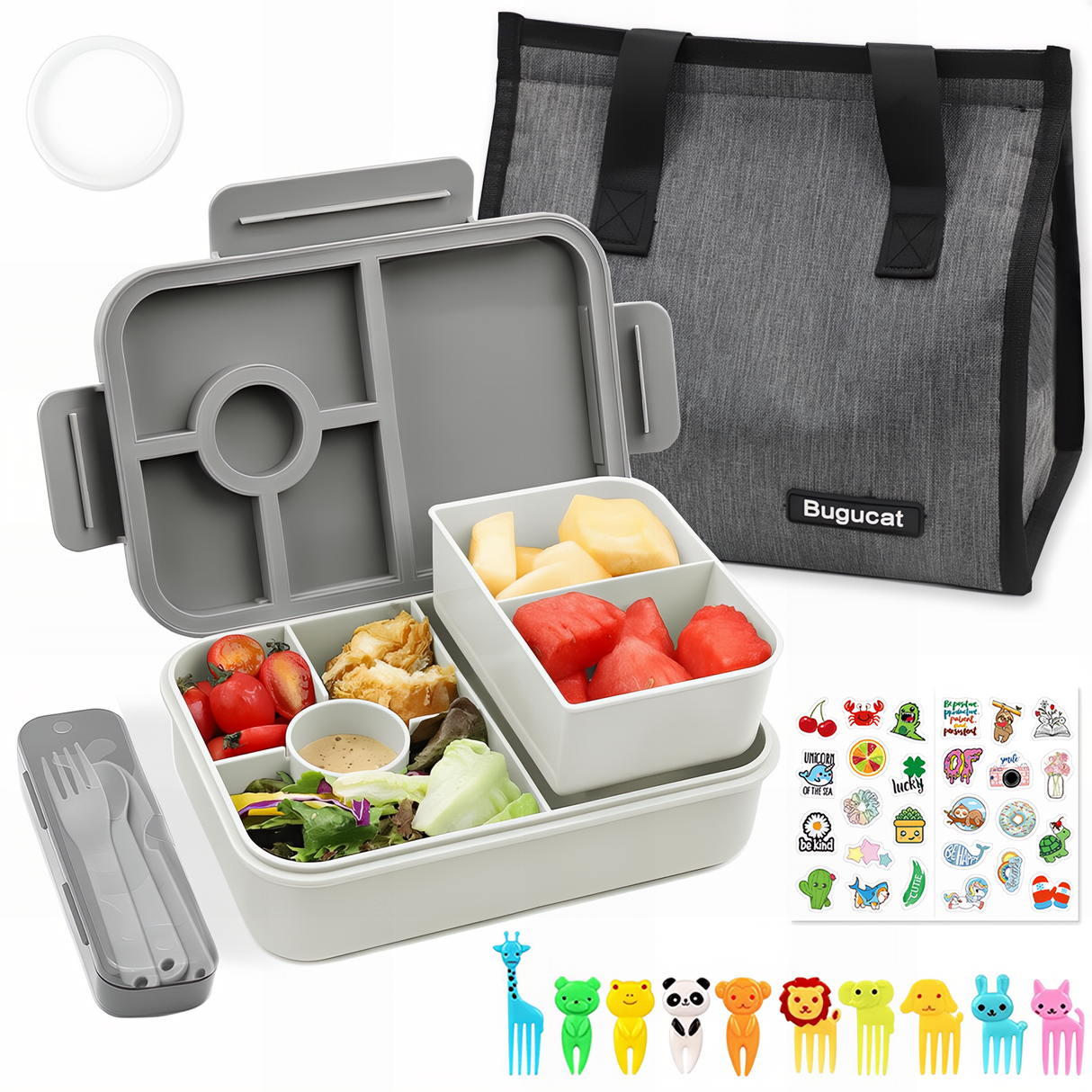 Bugucat Bento Lunch Box 1300ML with Bag - Leak-Proof with 5 Compartments,Cutlery for Kids and Adults