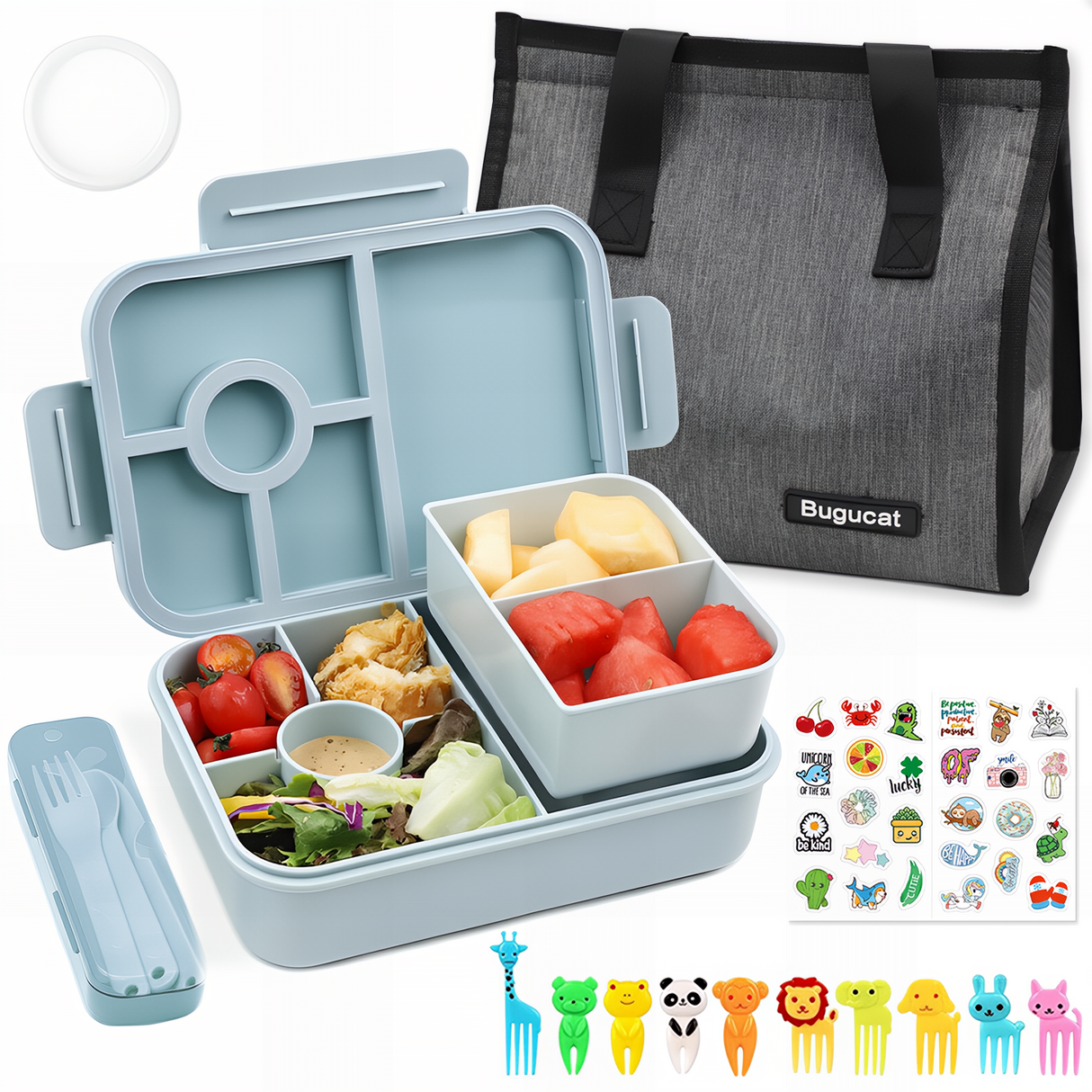 Bugucat Bento Lunch Box 1300ML with Bag - Leak-Proof with 5 Compartments,Cutlery for Kids and Adults