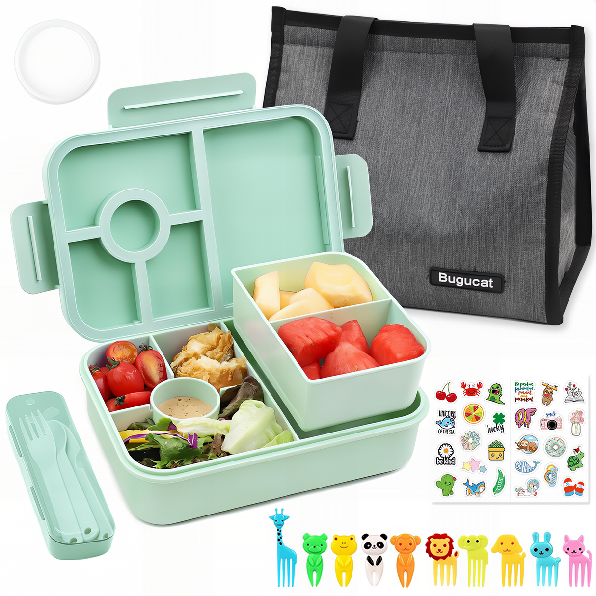 Bugucat Bento Lunch Box 1300ML with Bag - Leak-Proof with 5 Compartments,Cutlery for Kids and Adults