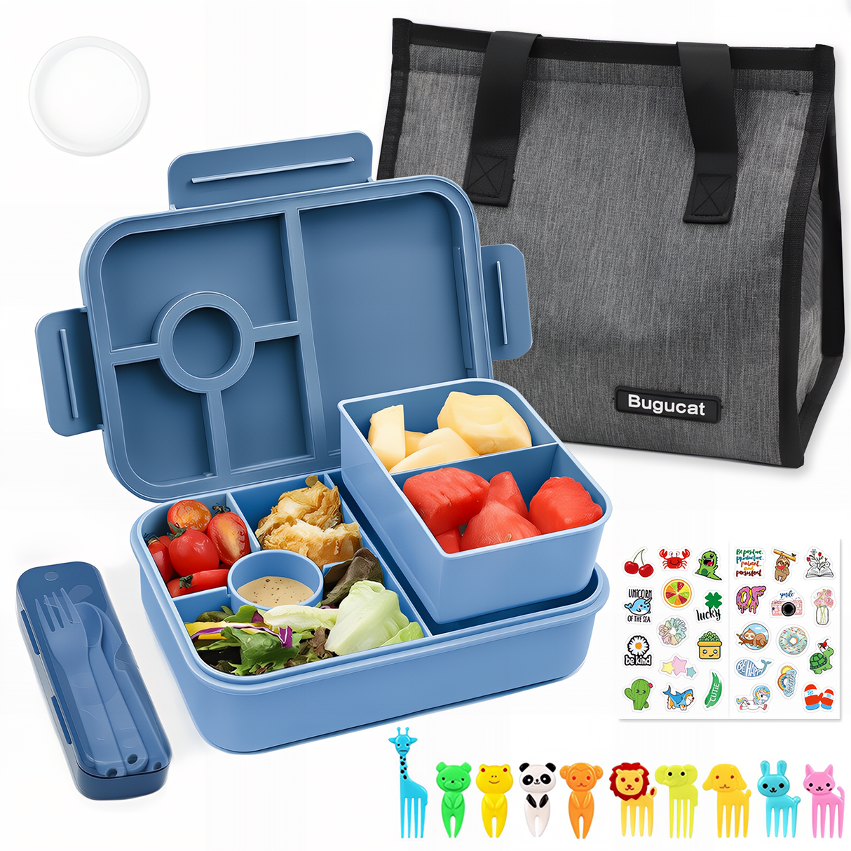 Bugucat Bento Lunch Box 1300ML with Bag - Leak-Proof with 5 Compartments,Cutlery for Kids and Adults