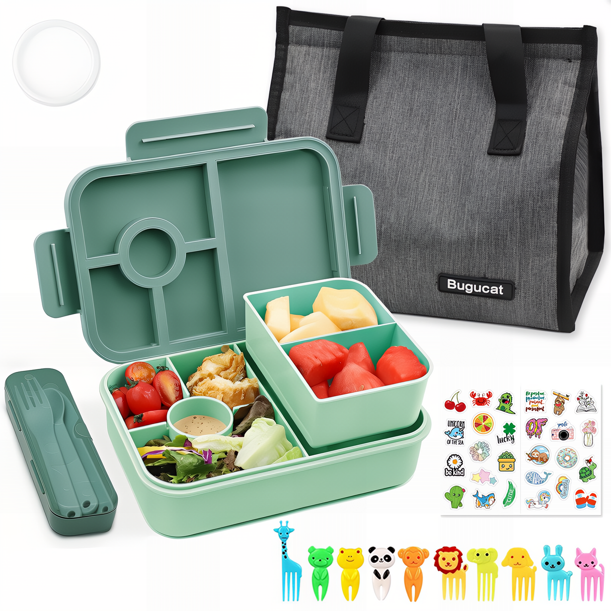 Bugucat Bento Lunch Box 1300ML with Bag - Leak-Proof with 5 Compartments,Cutlery for Kids and Adults