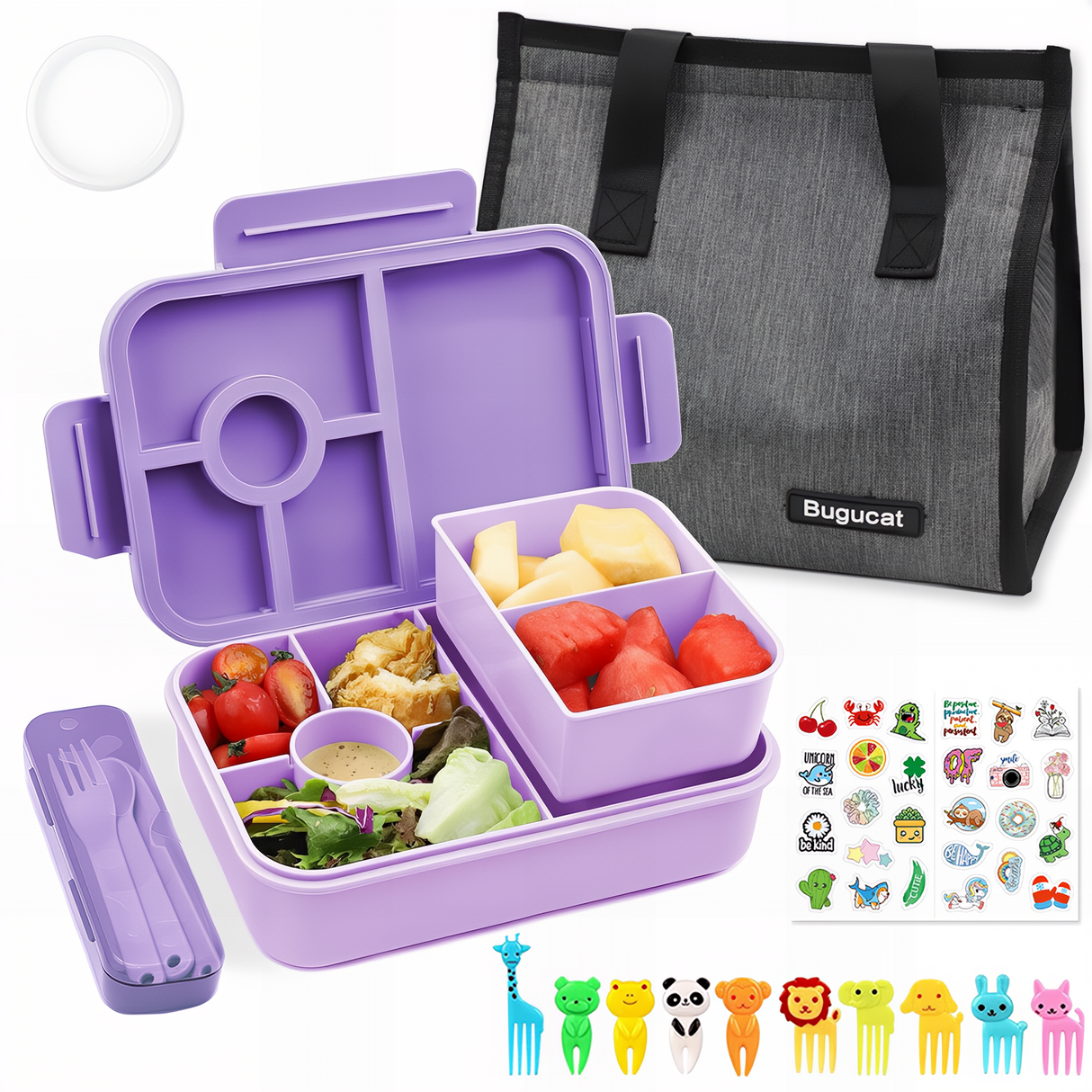 Bugucat Bento Lunch Box 1300ML with Bag - Leak-Proof with 5 Compartments,Cutlery for Kids and Adults