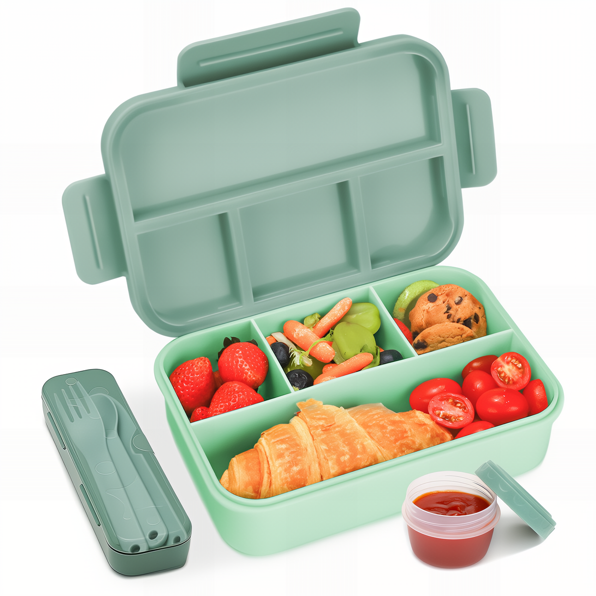 Bugucat Bento Lunch Box 1300ML - Leak-Proof with 4 Compartments, Cutlery for Kids and Adults