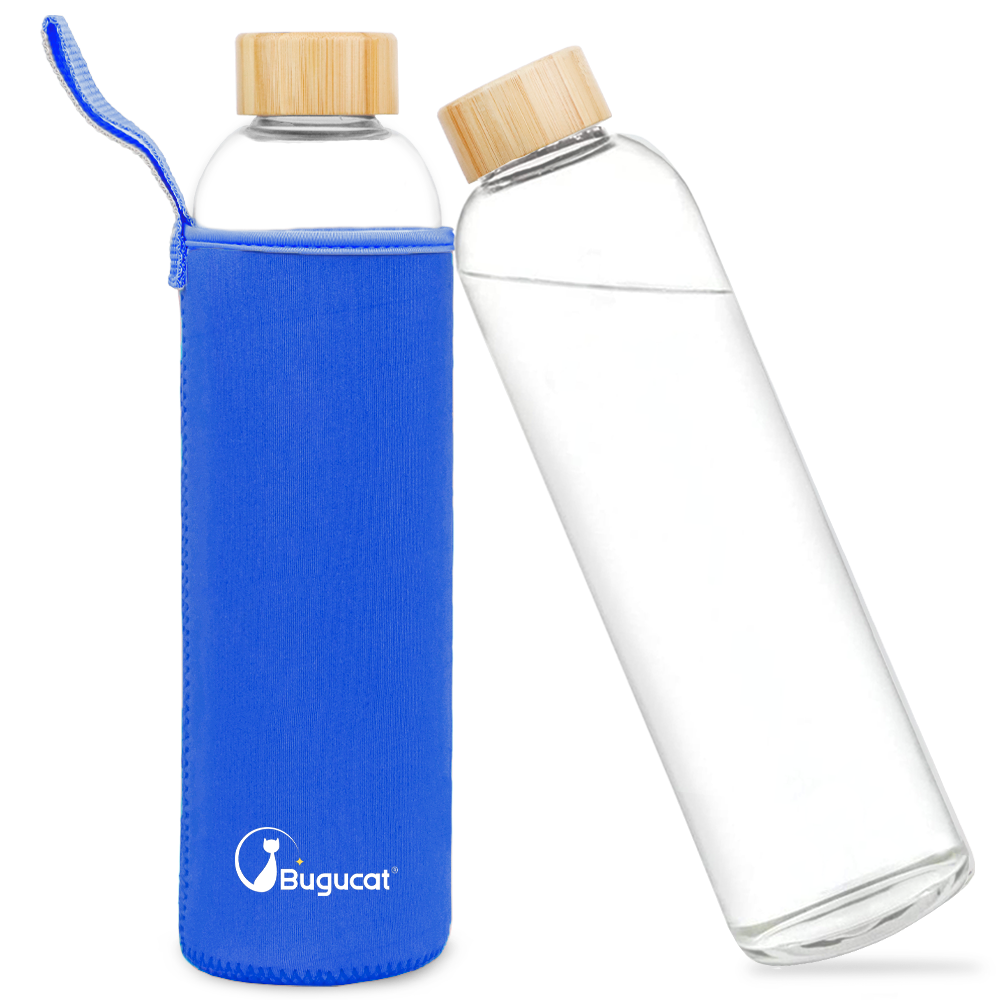 Borosilicate Glass Water Bottles 1000ML, Reusable Bamboo Lid Drinking Bottle with Protective Sleeves,BPA-Free Leak Proof
