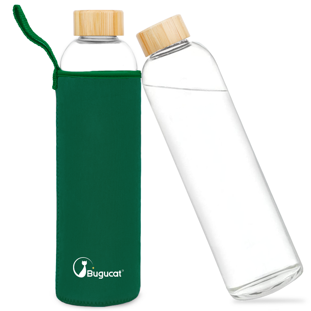 Borosilicate Glass Water Bottles 1000ML, Reusable Bamboo Lid Drinking Bottle with Protective Sleeves,BPA-Free Leak Proof