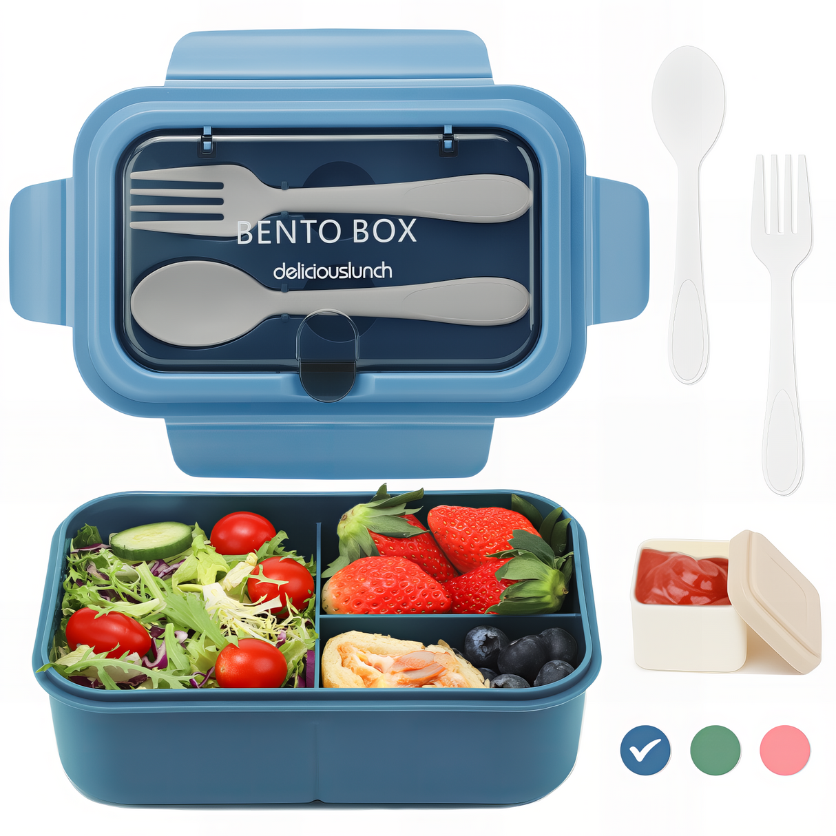 Kids Lunch Box 1200 ml, Leak-Proof Lunch Box with 3 Compartments, Bento Box Adults with Cutlery