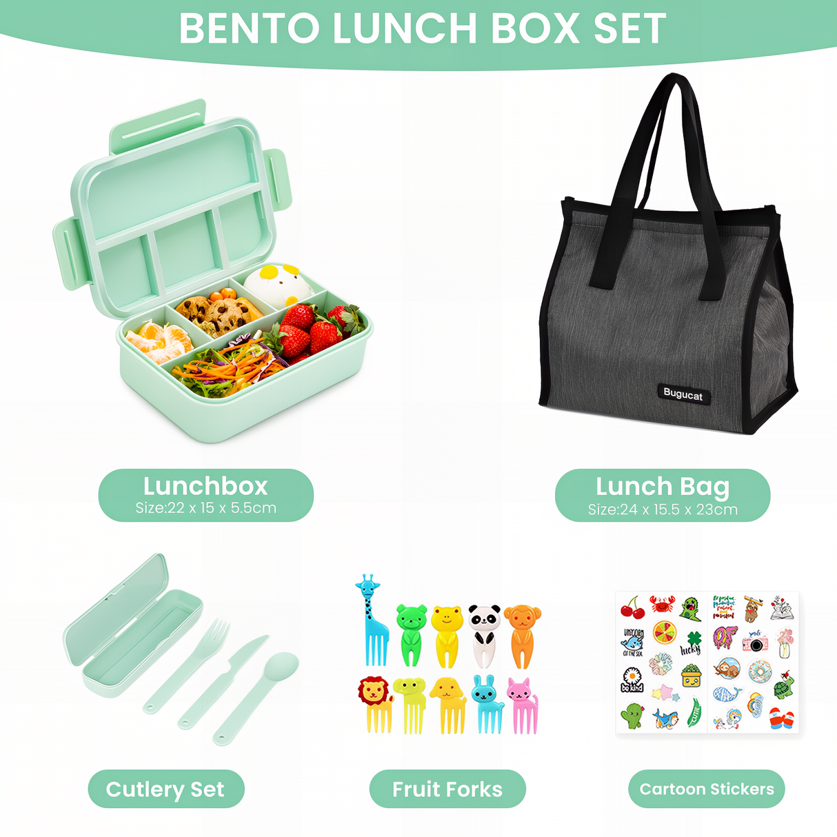 Bugucat Bento Lunch Box 1300ML with Lunch Bag, Kids & Adult Lunch Box with Cutlery
