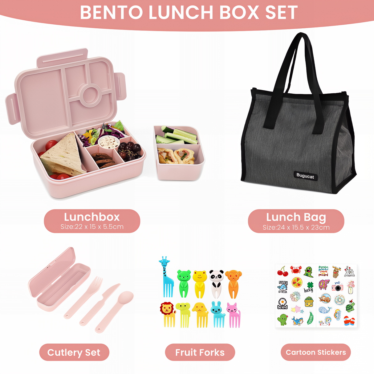 Bugucat Bento Lunch Box 1300ML with Bag - Leak-Proof with 5 Compartments,Cutlery for Kids and Adults