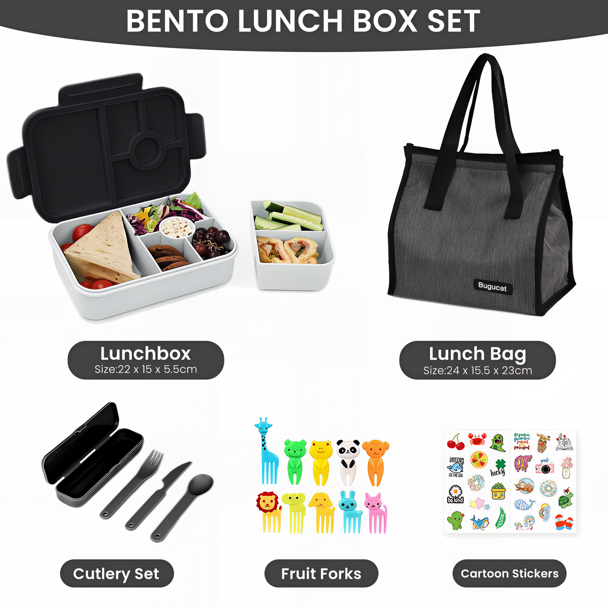 Bugucat Bento Lunch Box 1300ML with Bag - Leak-Proof with 5 Compartments,Cutlery for Kids and Adults
