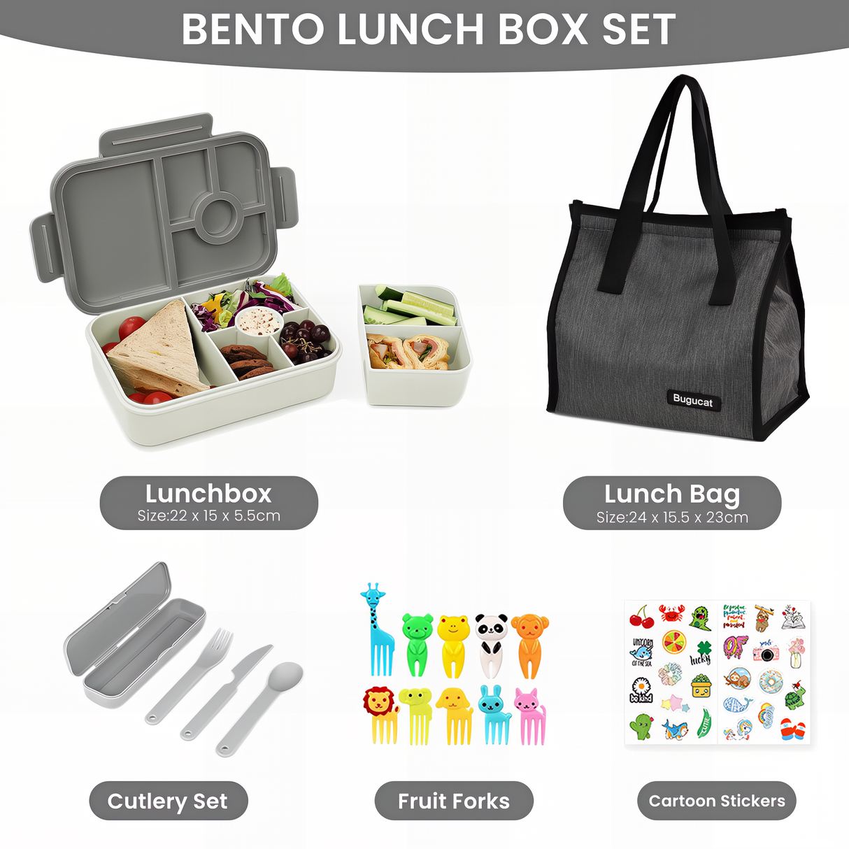 Bugucat Bento Lunch Box 1300ML with Bag - Leak-Proof with 5 Compartments,Cutlery for Kids and Adults