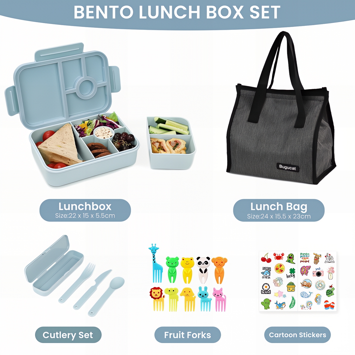 Bugucat Bento Lunch Box 1300ML with Bag - Leak-Proof with 5 Compartments,Cutlery for Kids and Adults