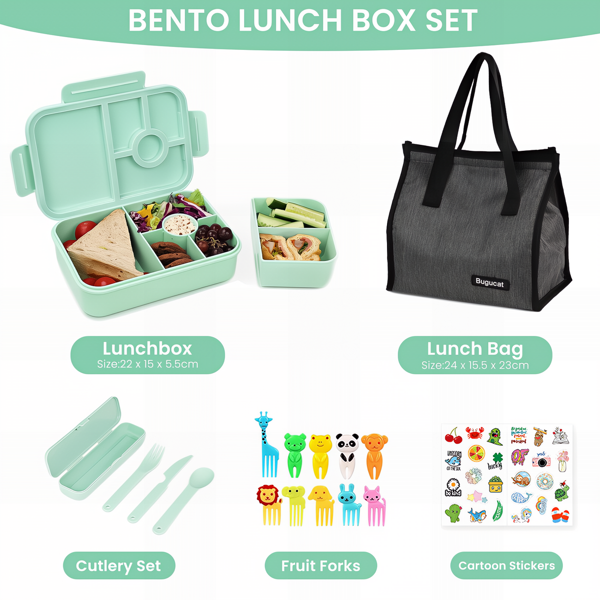 Bugucat Bento Lunch Box 1300ML with Bag - Leak-Proof with 5 Compartments,Cutlery for Kids and Adults