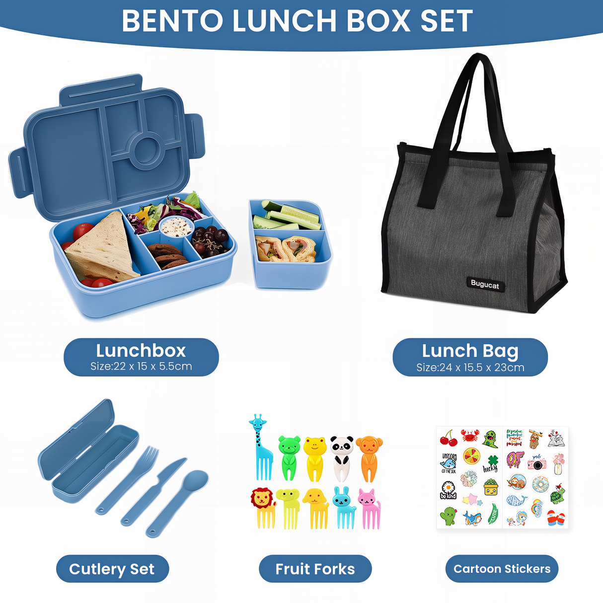 Bugucat Bento Lunch Box 1300ML with Bag - Leak-Proof with 5 Compartments,Cutlery for Kids and Adults