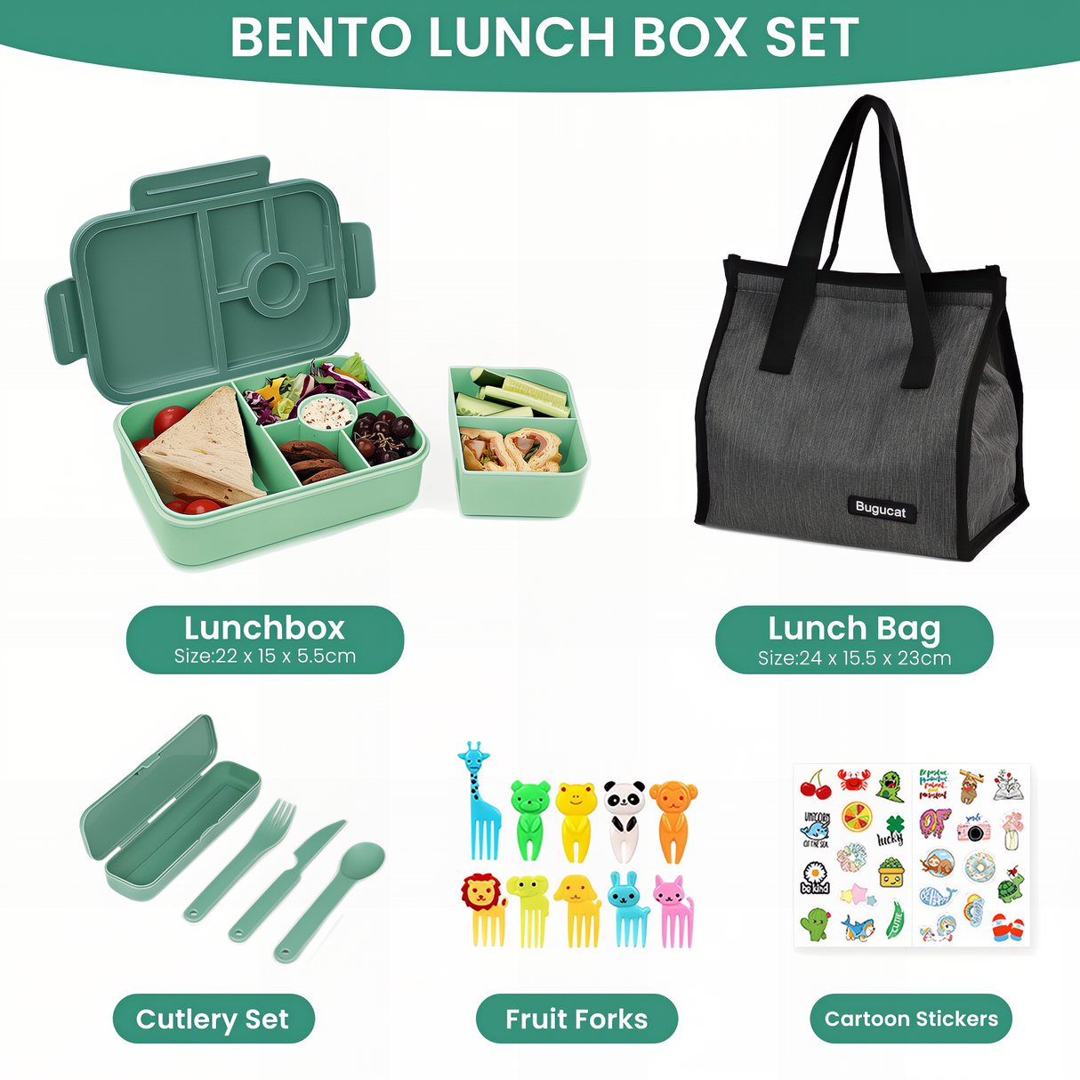 Bugucat Bento Lunch Box 1300ML with Bag - Leak-Proof with 5 Compartments,Cutlery for Kids and Adults
