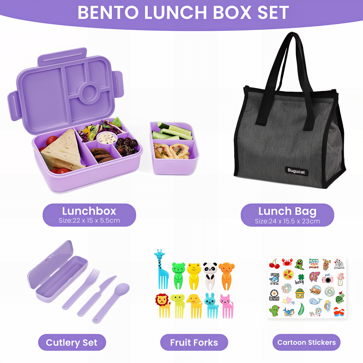 Bugucat Bento Lunch Box 1300ML with Bag - Leak-Proof with 5 Compartments,Cutlery for Kids and Adults