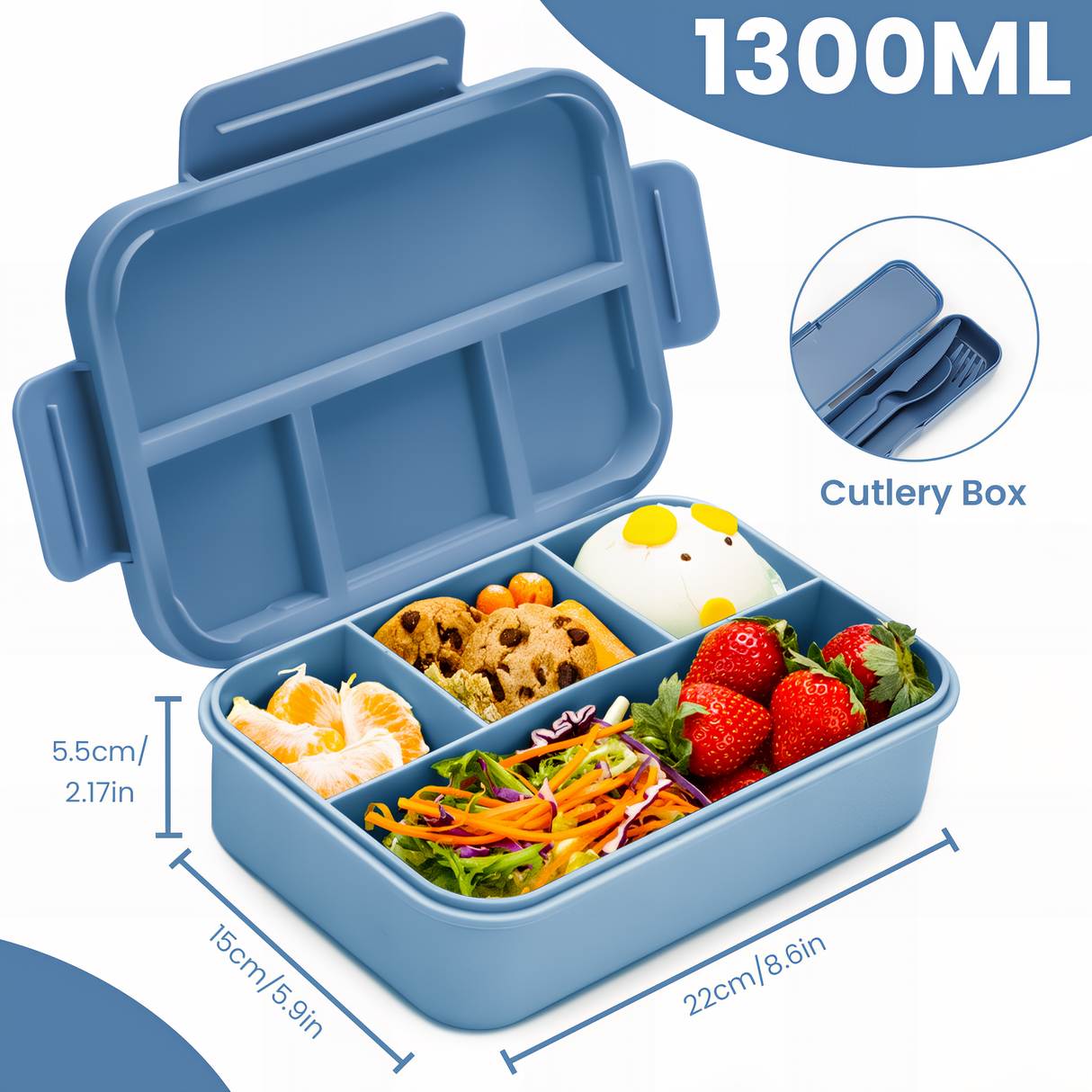 Bugucat Bento Lunch Box 1300ML - Leak-Proof with 4 Compartments, Cutlery for Kids and Adults