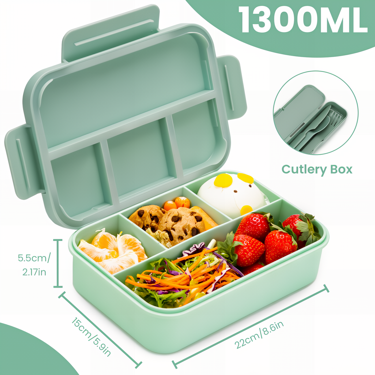 Bugucat Bento Lunch Box 1300ML - Leak-Proof with 4 Compartments, Cutlery for Kids and Adults