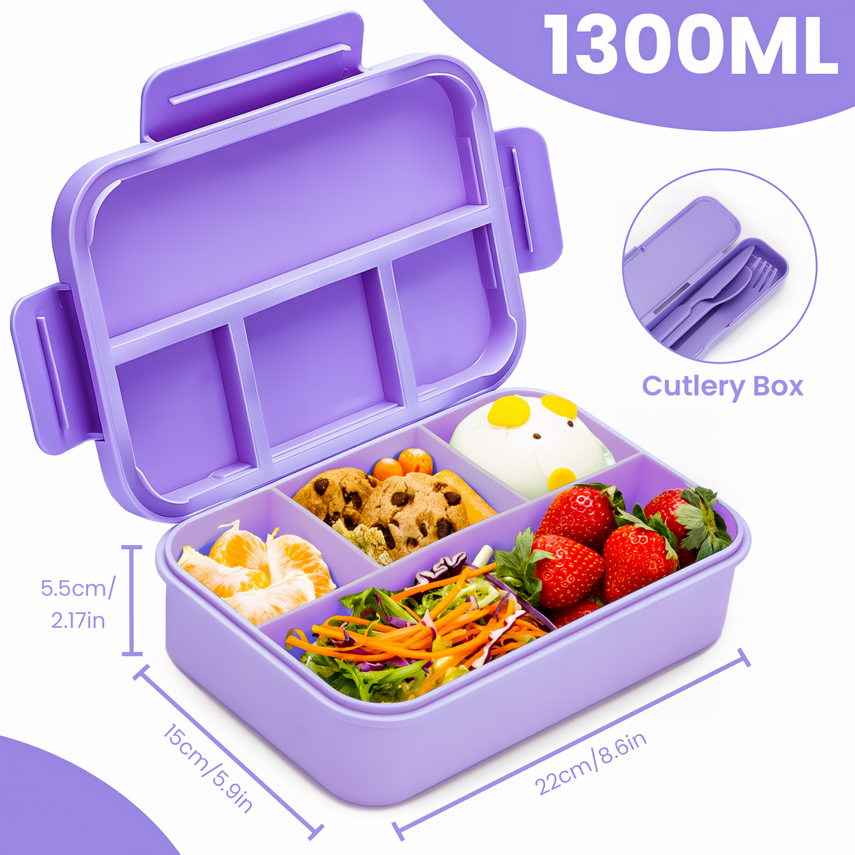 Bugucat Bento Lunch Box 1300ML - Leak-Proof with 4 Compartments, Cutlery for Kids and Adults