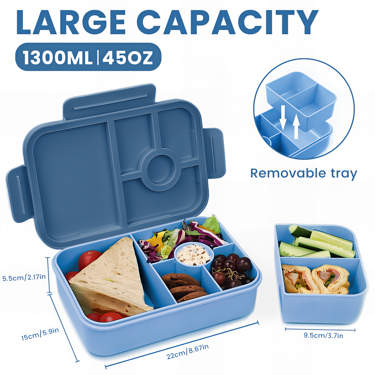 Lunch Box 1300ML,Kids Lunch Box Bento Boxes with 5+2 Compartments Cutlery,Leak-Proof
