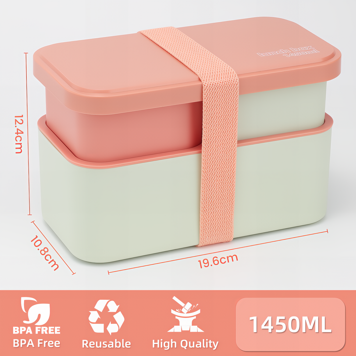 Bento Lunch Box 1450ML,2 in 1 Stackable Lunch Box Bento Box,2 Layer 3 Compartments Leak-Proof Lunchbox