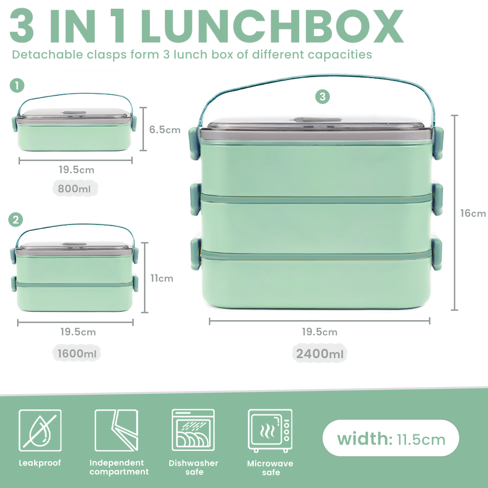 Lunch Box 2400ML, Bento Box Leak-Proof Dishwasher Microwave Safe BPA-Free