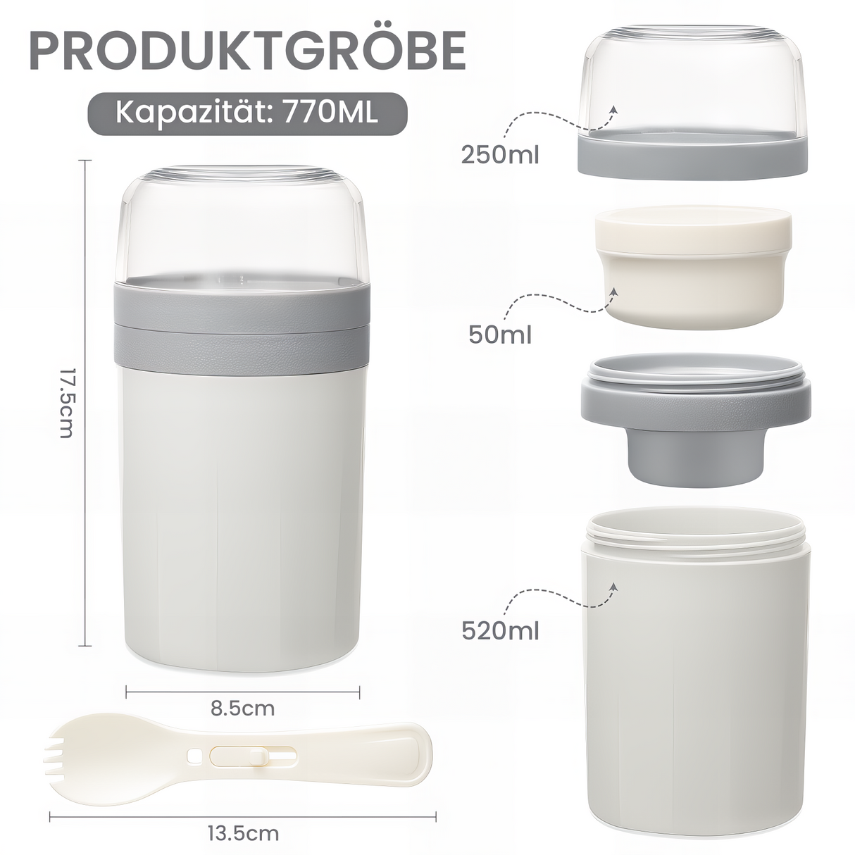 Cereal Cup to Go 520 ml + 250 ml, Practical Yoghurt Cup with Spoon, Leak-Proof Cereal Cup with Sauce Box