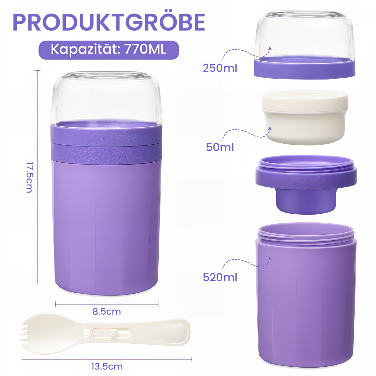 Cereal Cup to Go 520 ml + 250 ml, Practical Yoghurt Cup with Spoon, Leak-Proof Cereal Cup with Sauce Box