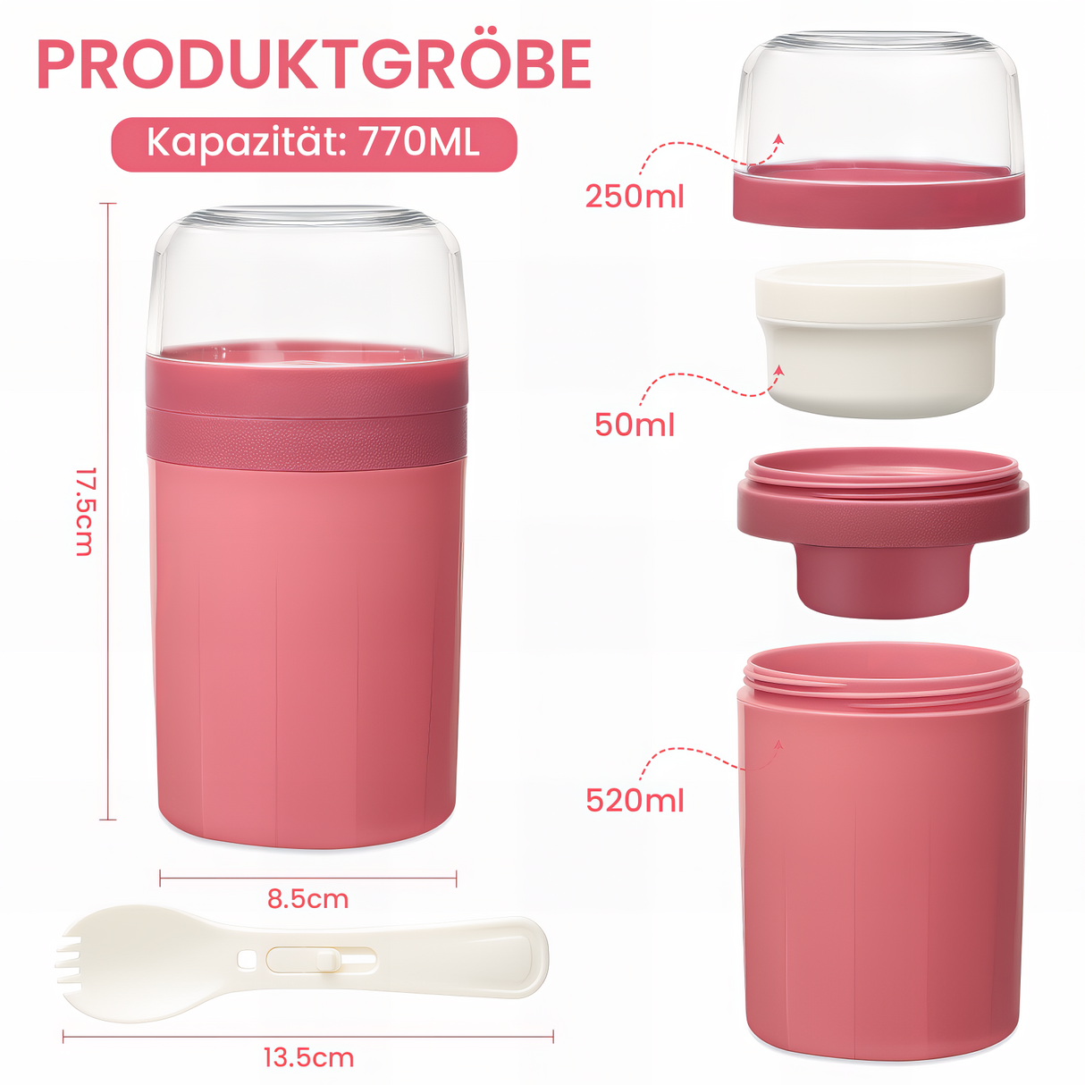 Cereal Cup to Go 520 ml + 250 ml, Practical Yoghurt Cup with Spoon, Leak-Proof Cereal Cup with Sauce Box