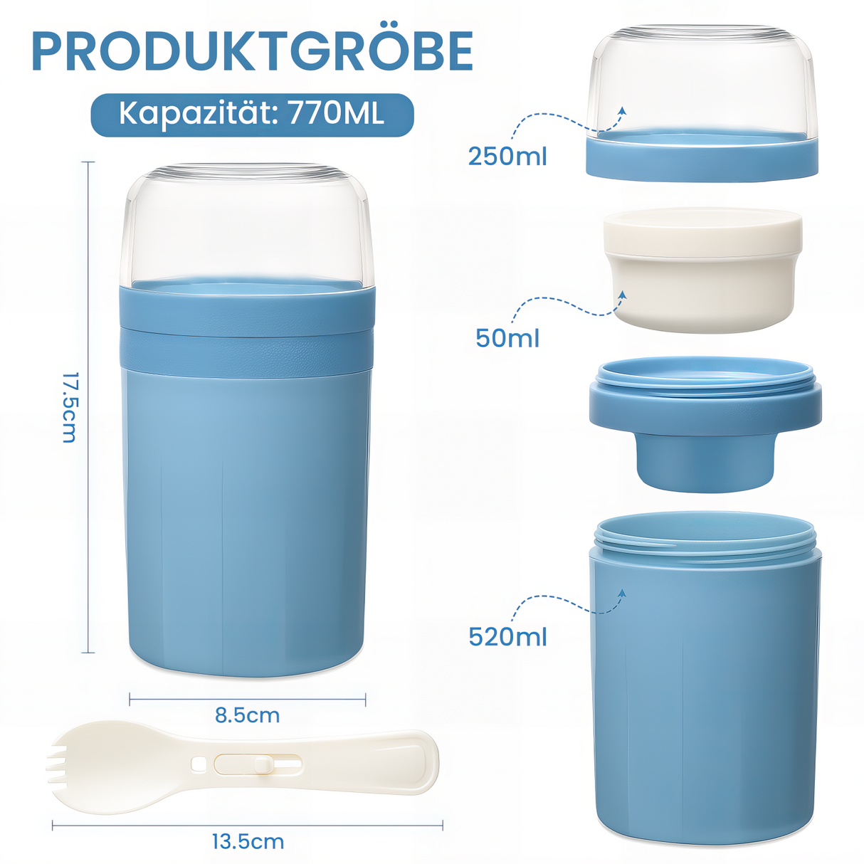 Cereal Cup to Go 520 ml + 250 ml, Practical Yoghurt Cup with Spoon, Leak-Proof Cereal Cup with Sauce Box