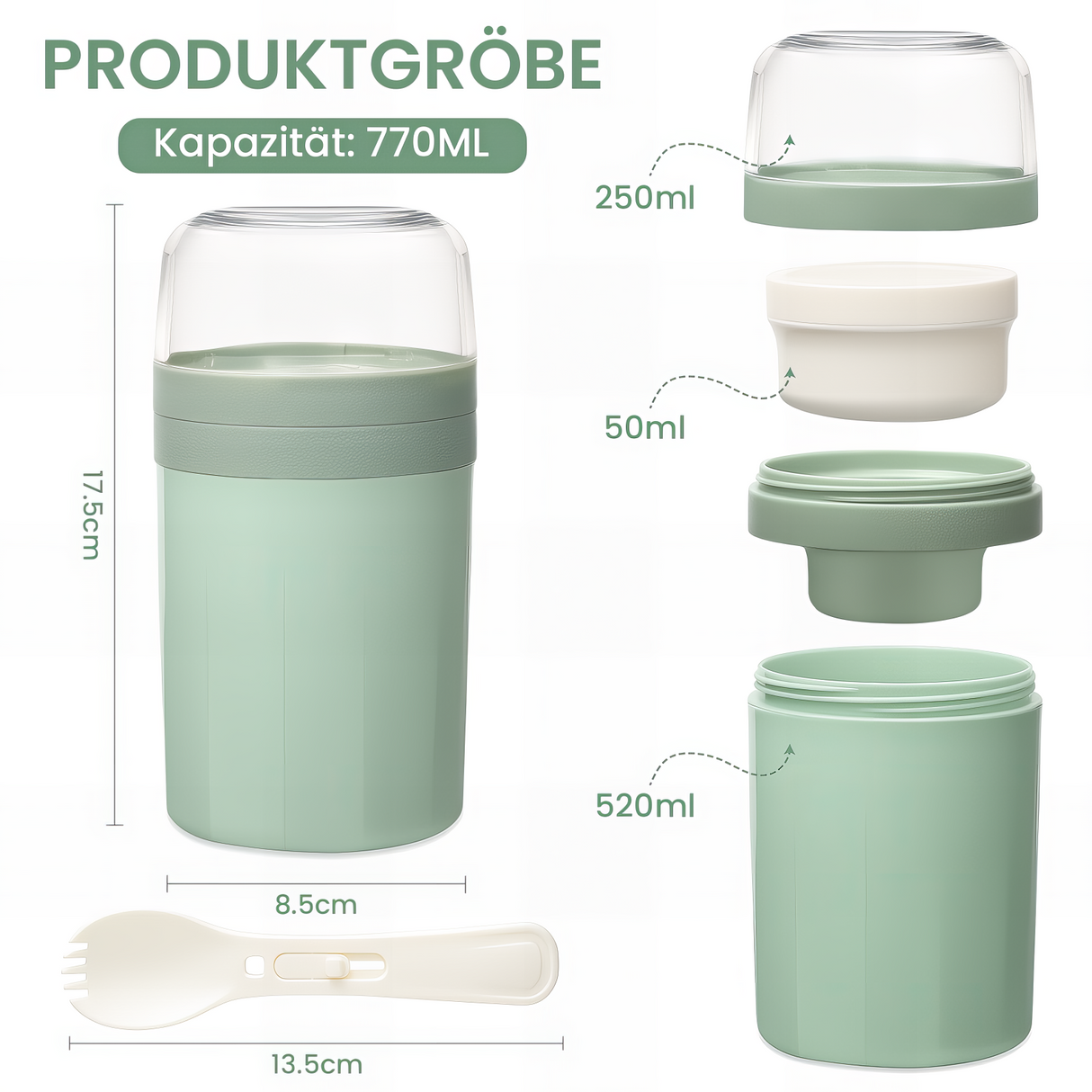 Cereal Cup to Go 520 ml + 250 ml, Practical Yoghurt Cup with Spoon, Leak-Proof Cereal Cup with Sauce Box