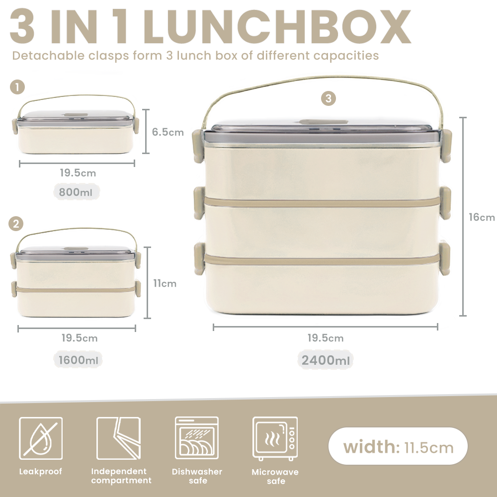 Lunch Box 2400ML, Bento Box Leak-Proof Dishwasher Microwave Safe BPA-Free