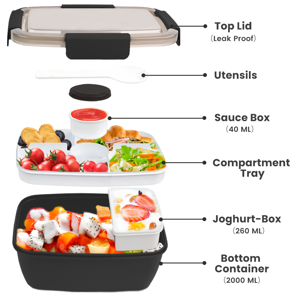 Bugucat Bento Box 2000ML, Lunch Box Salad Lunch Container to Go with 4 Compartment Tray