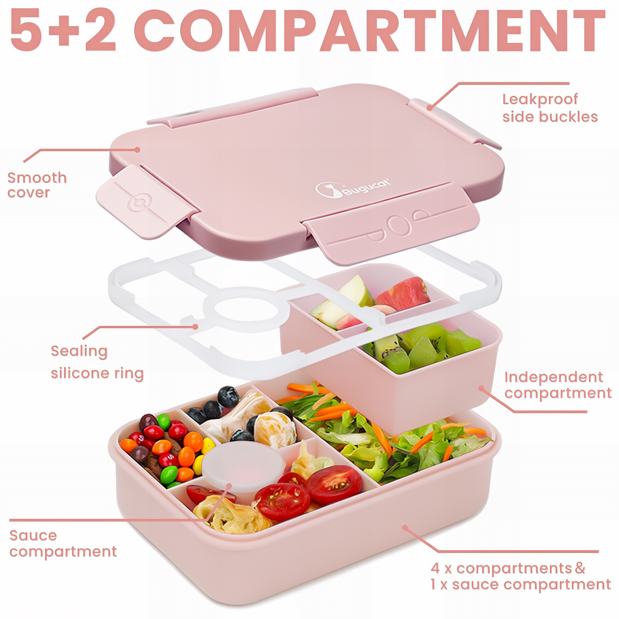 Bugucat Bento Lunch Box 1300ML with Bag - Leak-Proof with 5 Compartments,Cutlery for Kids and Adults