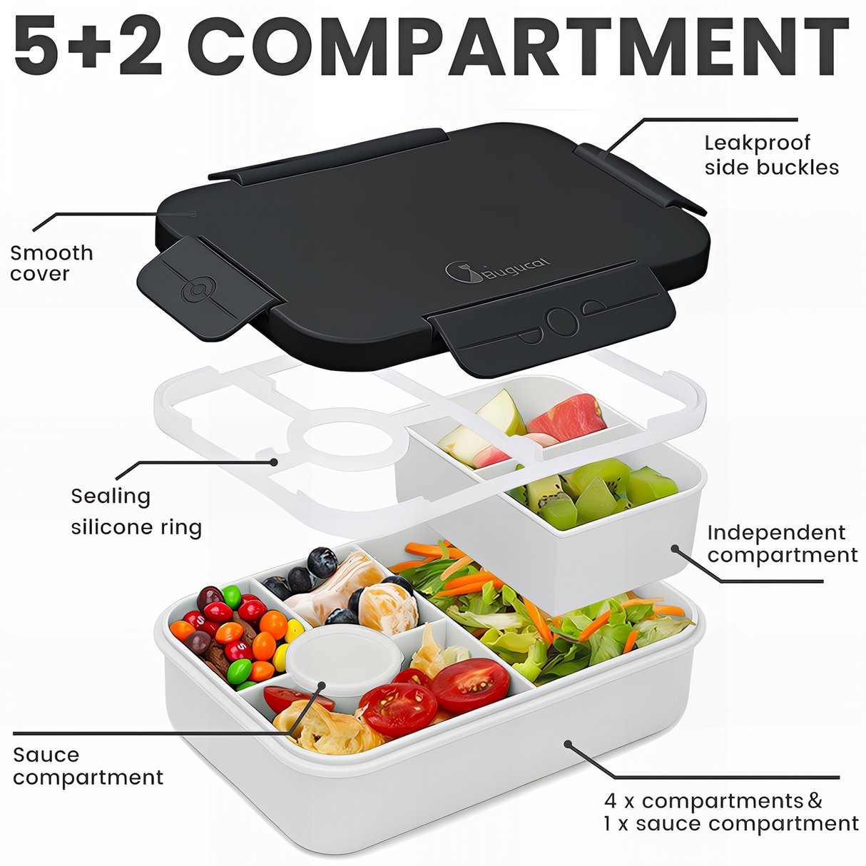 Bugucat Bento Lunch Box 1300ML with Bag - Leak-Proof with 5 Compartments,Cutlery for Kids and Adults