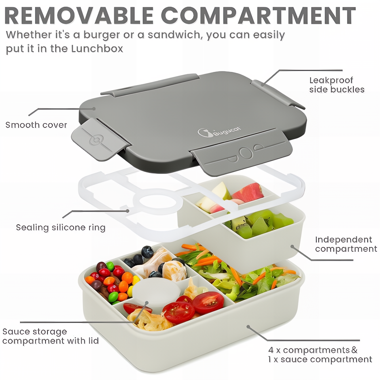 Bugucat Bento Lunch Box 1300ML with Bag - Leak-Proof with 5 Compartments,Cutlery for Kids and Adults