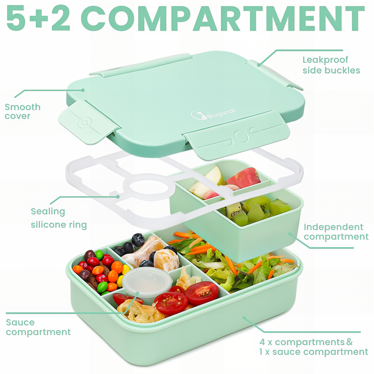 Bugucat Bento Lunch Box 1300ML with Bag - Leak-Proof with 5 Compartments,Cutlery for Kids and Adults