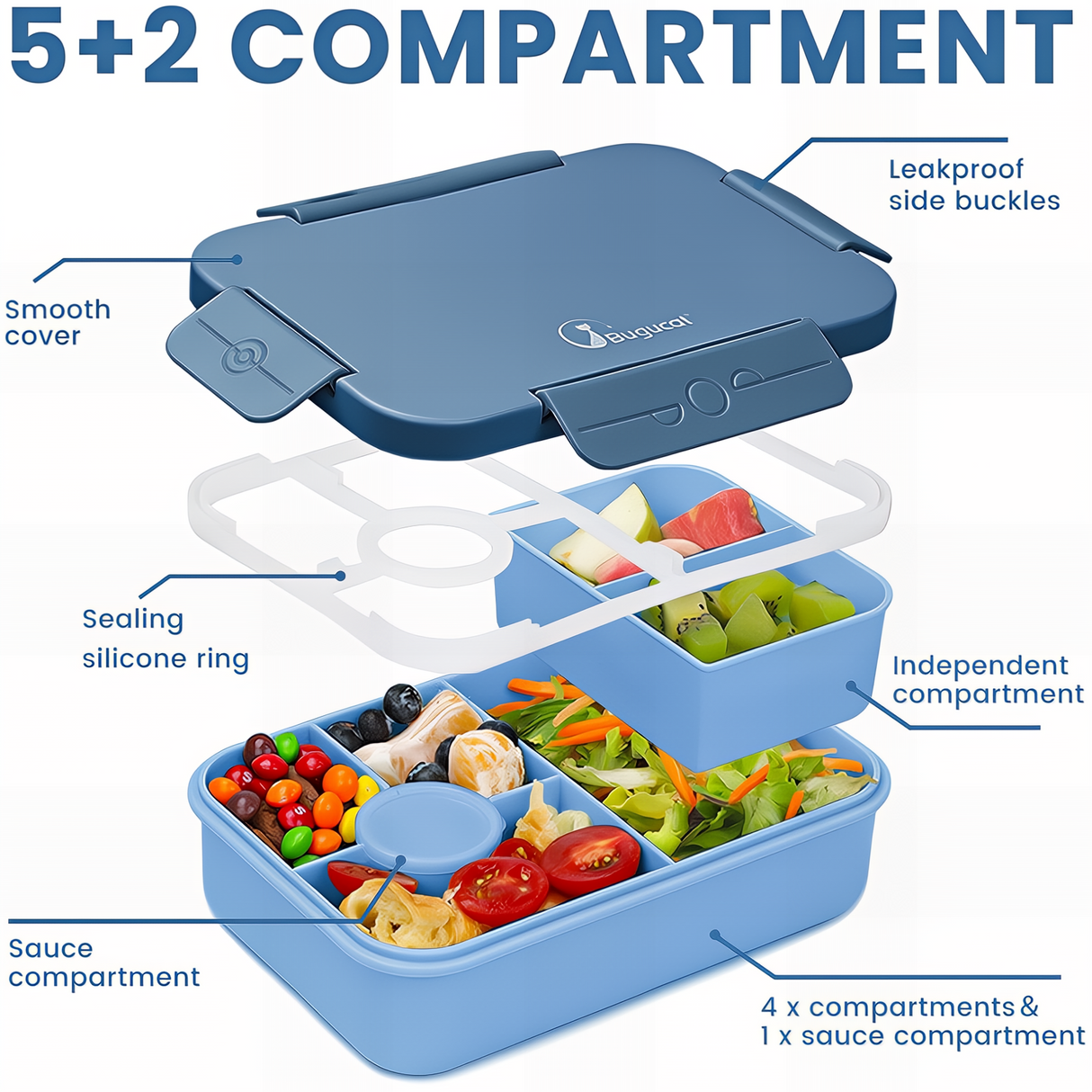 Bugucat Bento Lunch Box 1300ML with Bag - Leak-Proof with 5 Compartments,Cutlery for Kids and Adults