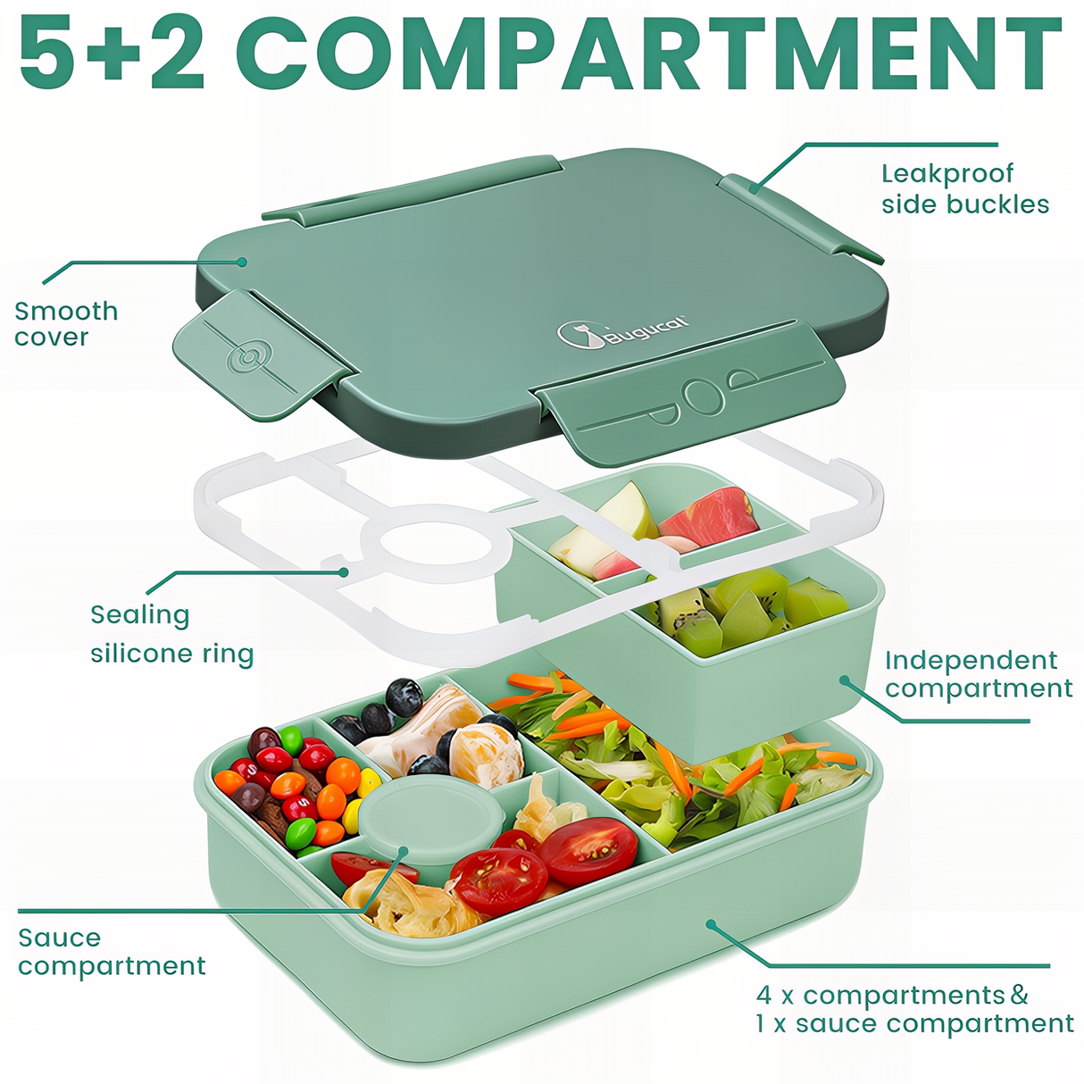 Bugucat Bento Lunch Box 1300ML with Bag - Leak-Proof with 5 Compartments,Cutlery for Kids and Adults