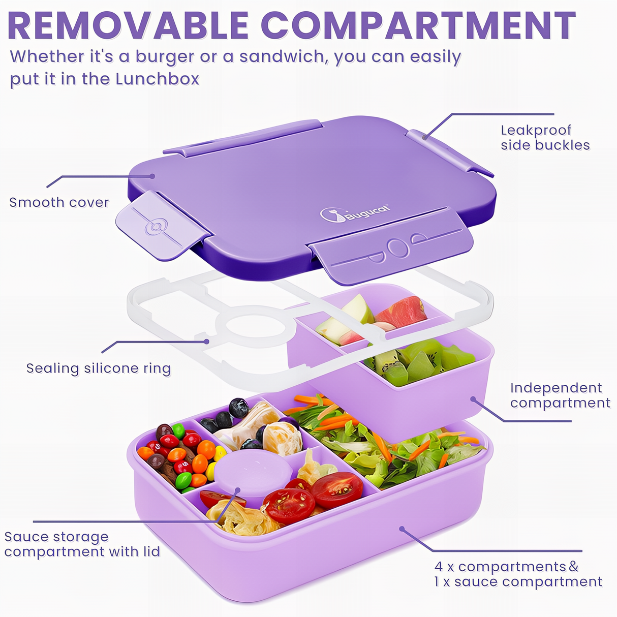 Bugucat Bento Lunch Box 1300ML with Bag - Leak-Proof with 5 Compartments,Cutlery for Kids and Adults