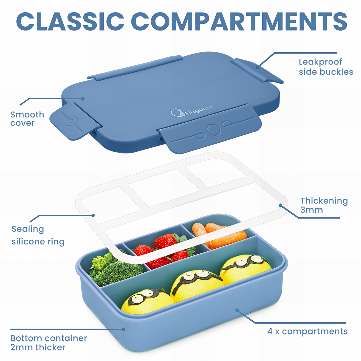 Bugucat Bento Lunch Box 1300ML - Leak-Proof with 4 Compartments, Cutlery for Kids and Adults