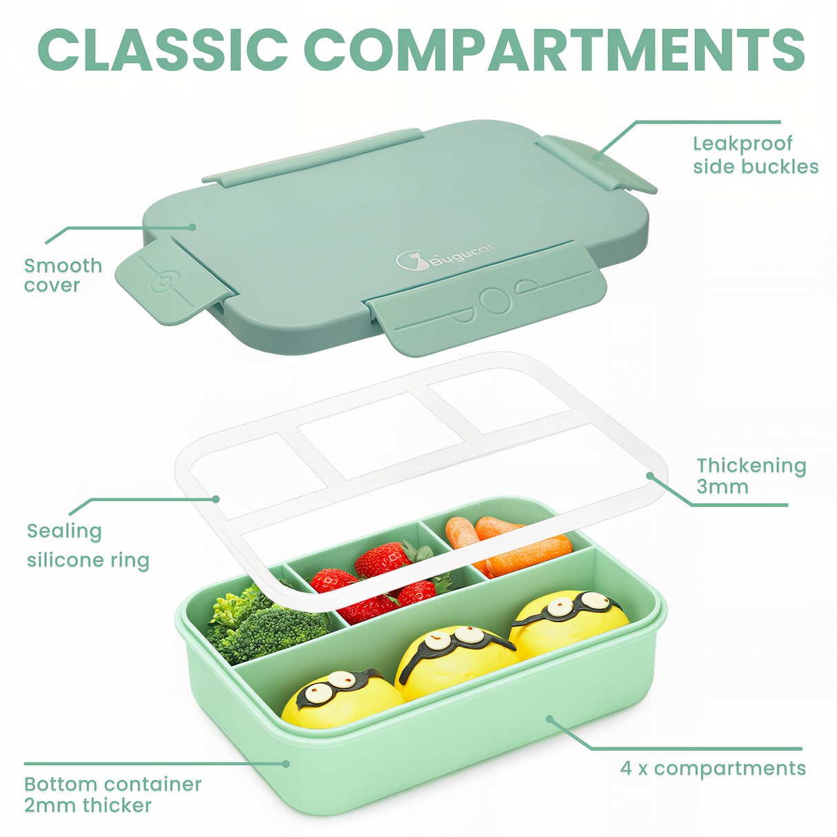 Bugucat Bento Lunch Box 1300ML - Leak-Proof with 4 Compartments, Cutlery for Kids and Adults