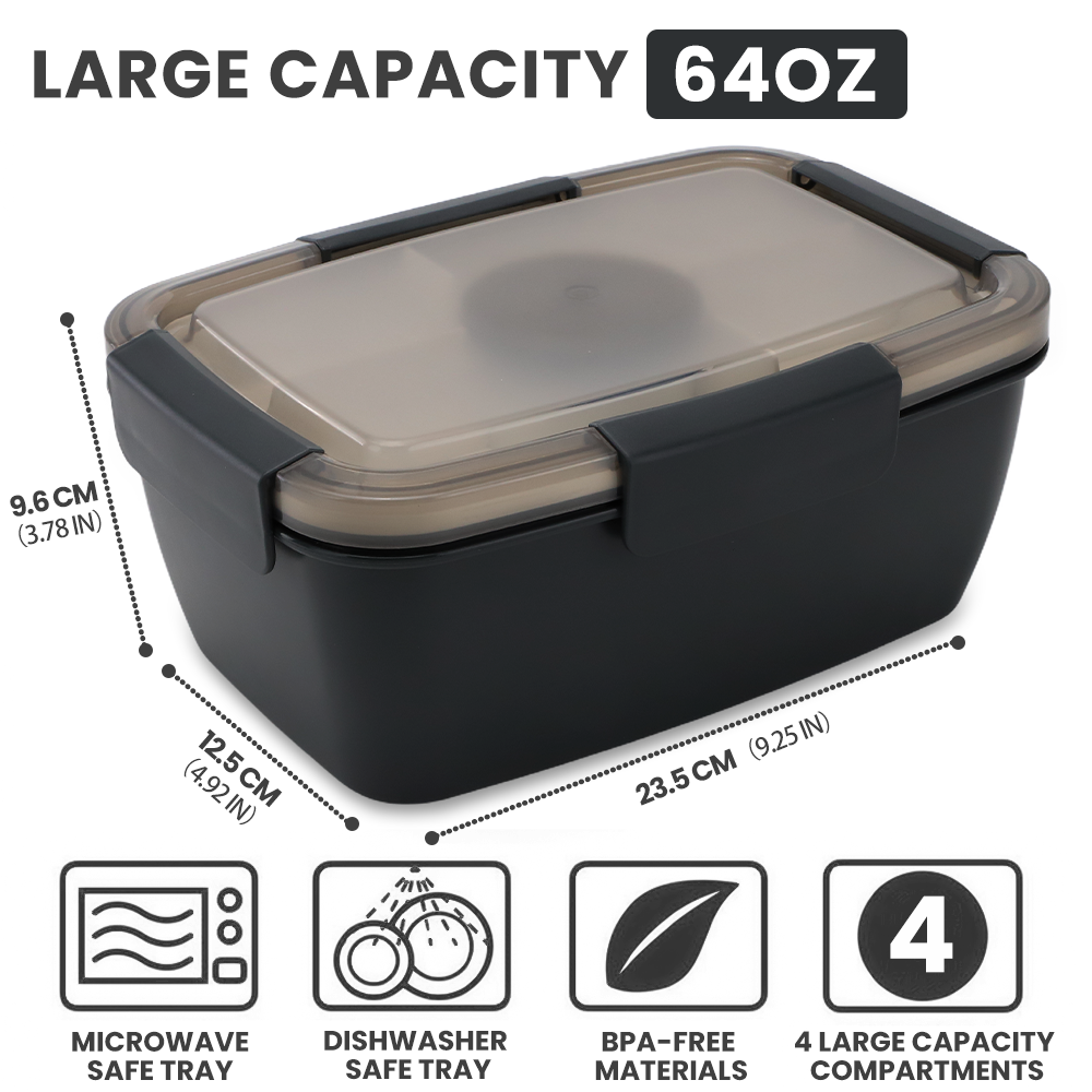Bugucat Bento Box 2000ML, Lunch Box Salad Lunch Container to Go with 4 Compartment Tray