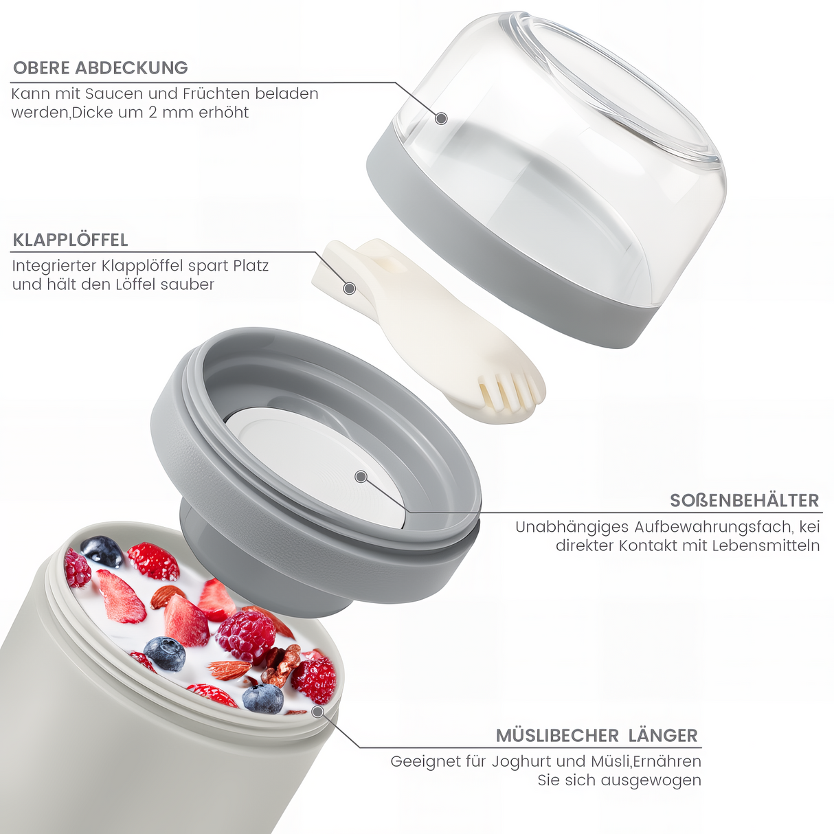 Cereal Cup to Go 520 ml + 250 ml, Practical Yoghurt Cup with Spoon, Leak-Proof Cereal Cup with Sauce Box
