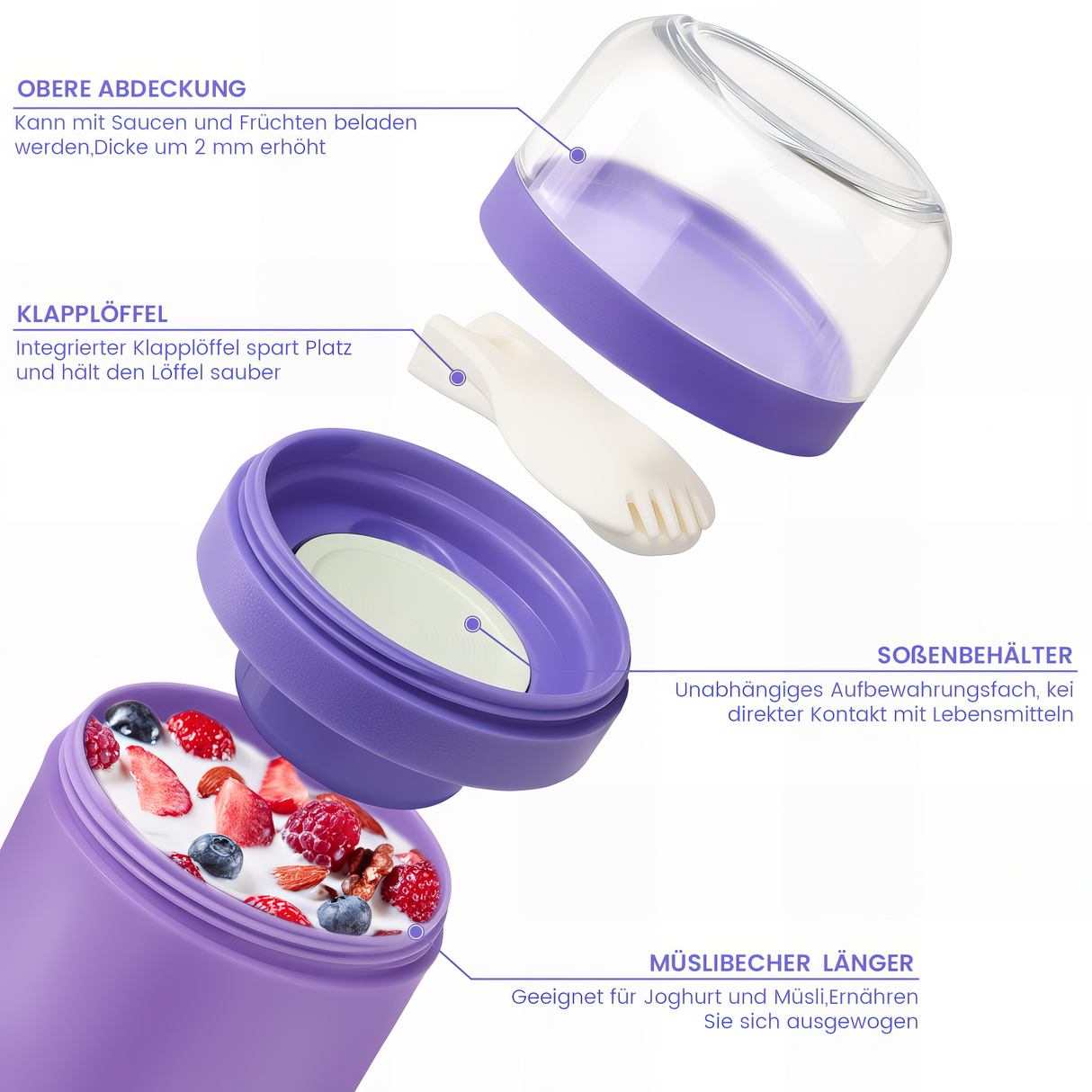 Cereal Cup to Go 520 ml + 250 ml, Practical Yoghurt Cup with Spoon, Leak-Proof Cereal Cup with Sauce Box