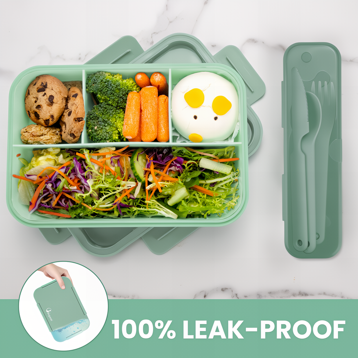 Bugucat Bento Lunch Box 1300ML - Leak-Proof with 4 Compartments, Cutlery for Kids and Adults