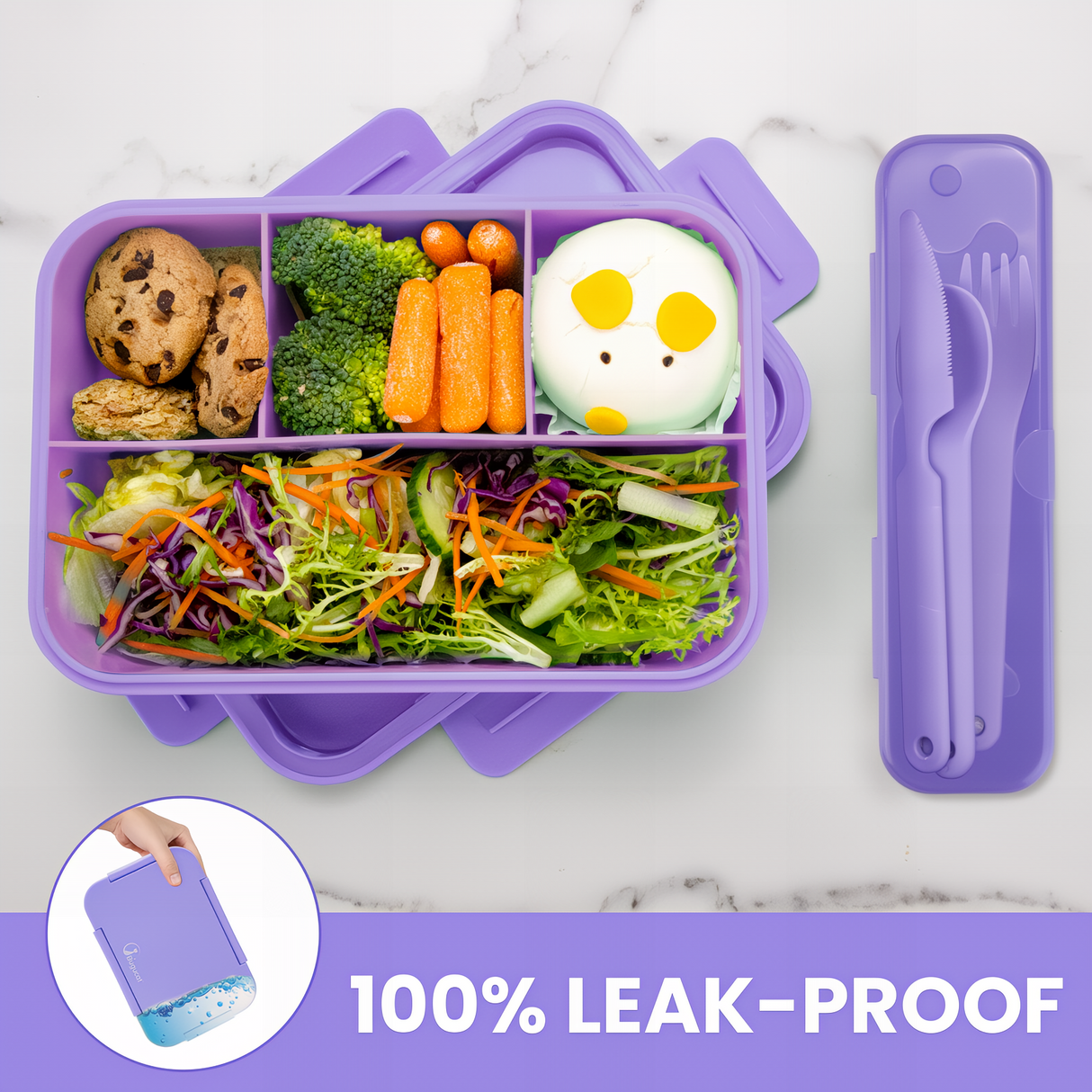 Bugucat Bento Lunch Box 1300ML - Leak-Proof with 4 Compartments, Cutlery for Kids and Adults
