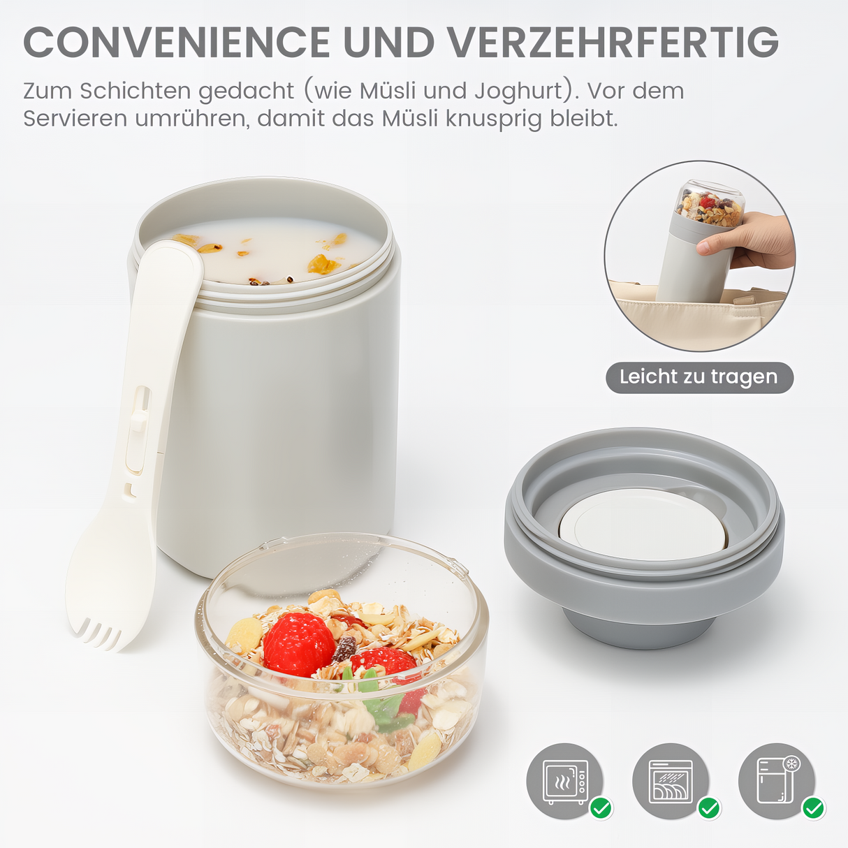 Cereal Cup to Go 520 ml + 250 ml, Practical Yoghurt Cup with Spoon, Leak-Proof Cereal Cup with Sauce Box