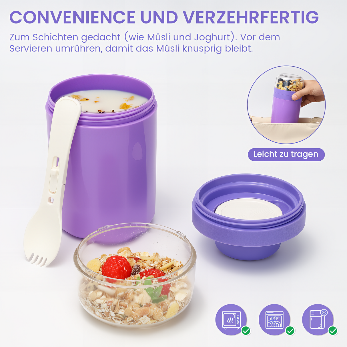 Cereal Cup to Go 520 ml + 250 ml, Practical Yoghurt Cup with Spoon, Leak-Proof Cereal Cup with Sauce Box